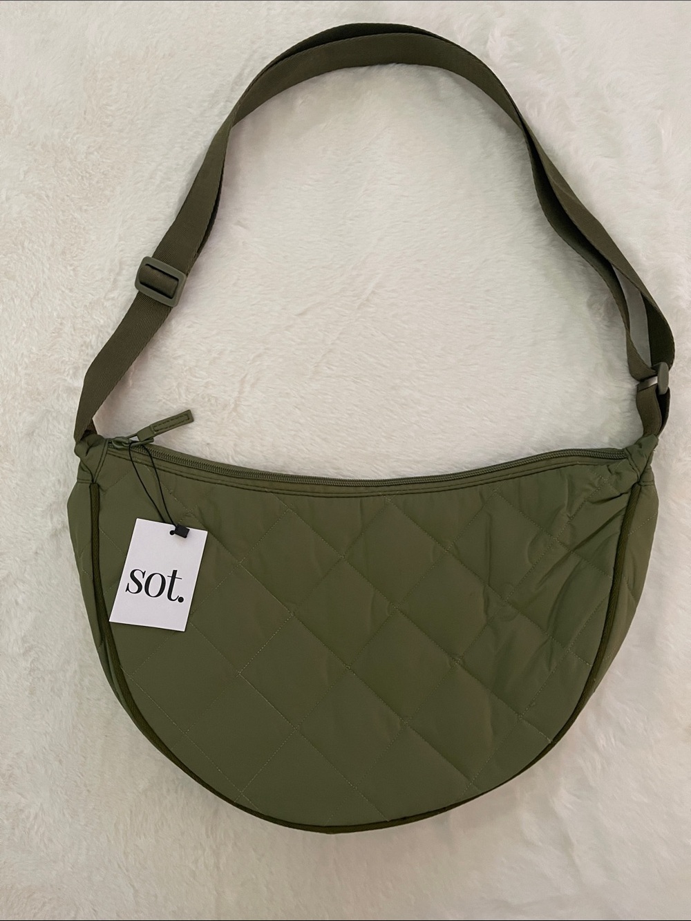 SOT.   Quilted Crescent Shoulder Bag in Olive SZ 15” X 9 X 4”